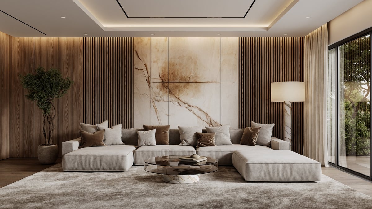 Contemporary interior with sofa and warm wood panel walls