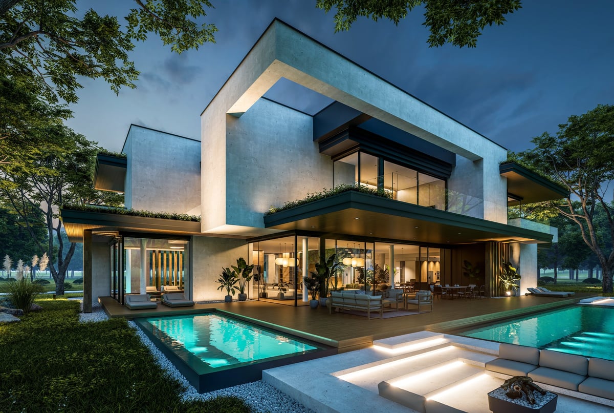 Modern two-story house with parking and pool, concrete facade and beautiful landscaping
