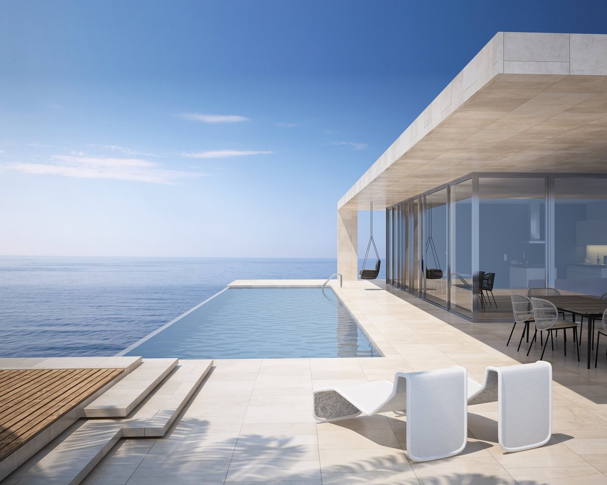 A modem villa with a private pool overlooking the Mediterranean