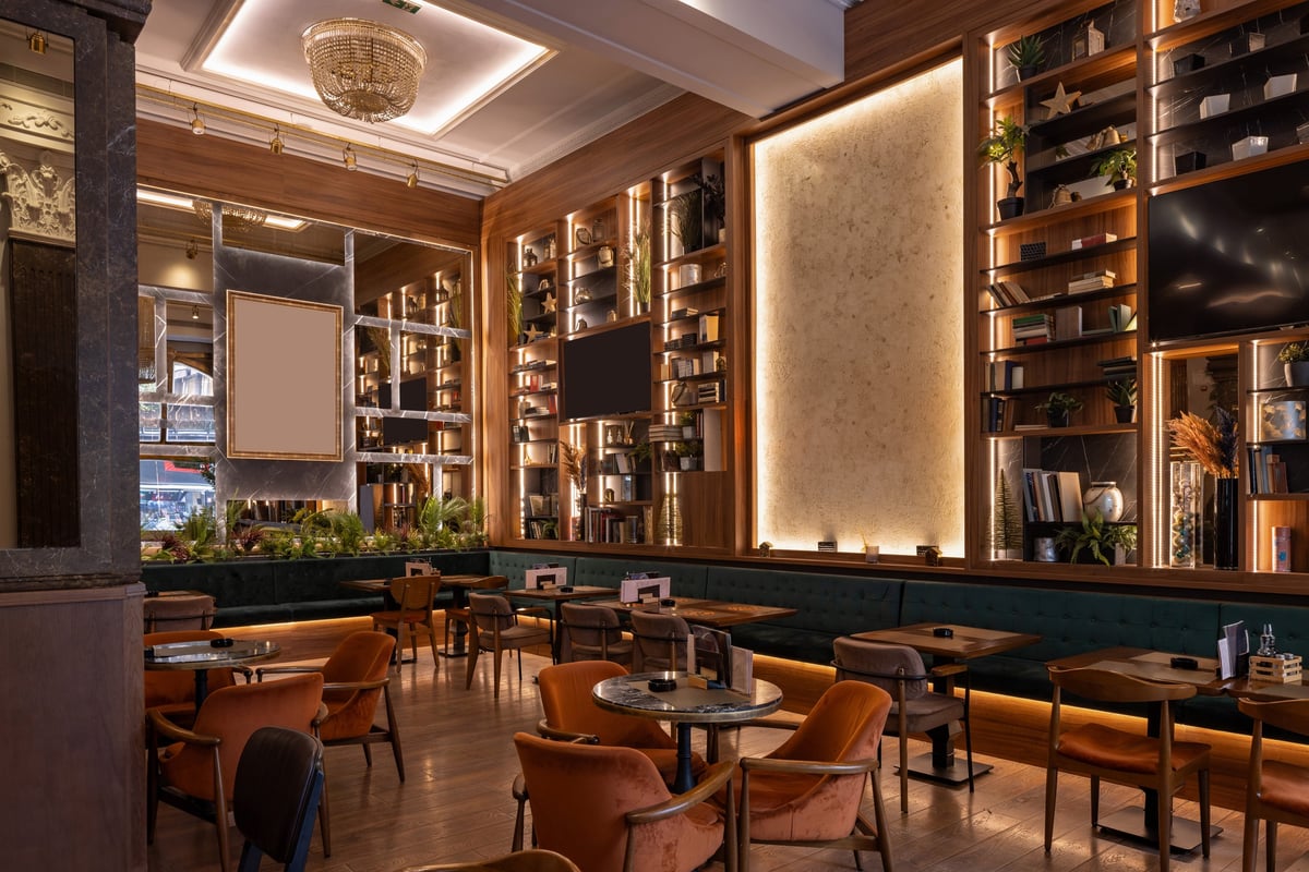 Stylish double-level restaurant featuring wooden décor