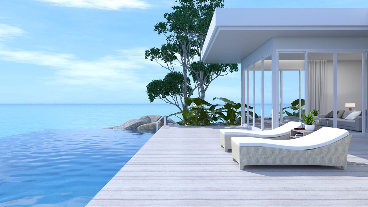 A sunny seaside terrace with a private pool overlooking the Mediterranean
