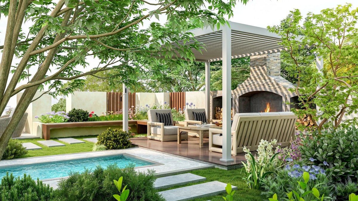 Modern luxury pergola with outdoor seating area