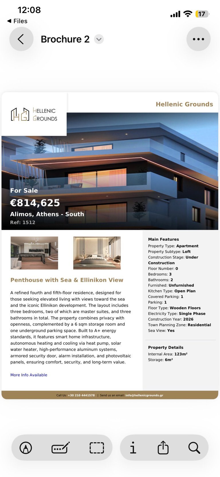 Real estate listing for luxury penthouse apartment in Athens, Greece, featuring sea and mountain views with modern architecture and amenities