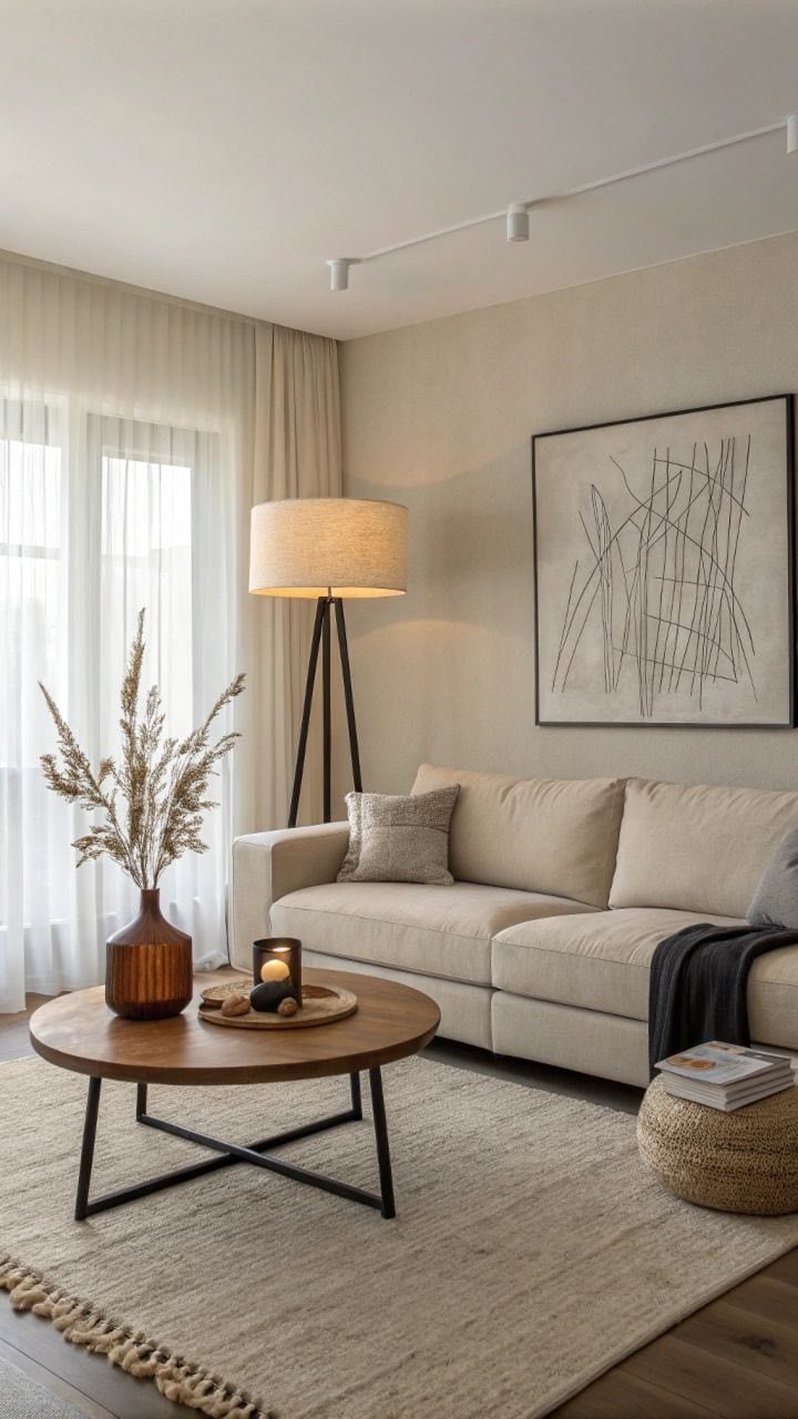 Urban Grove living room with beige sectional sofa, wooden coffee table, tripod floor lamp and abstract wall art beside large windows