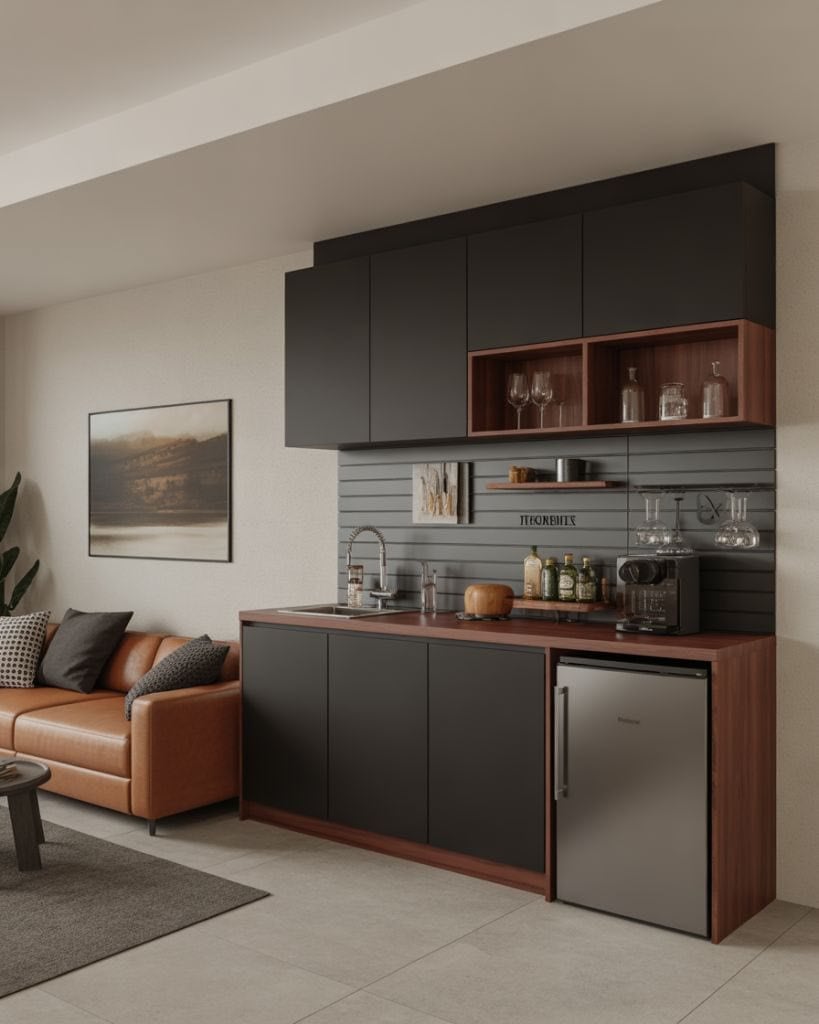 Urban Grove kitchenette with black cabinetry, wood detailing and stainless steel appliances