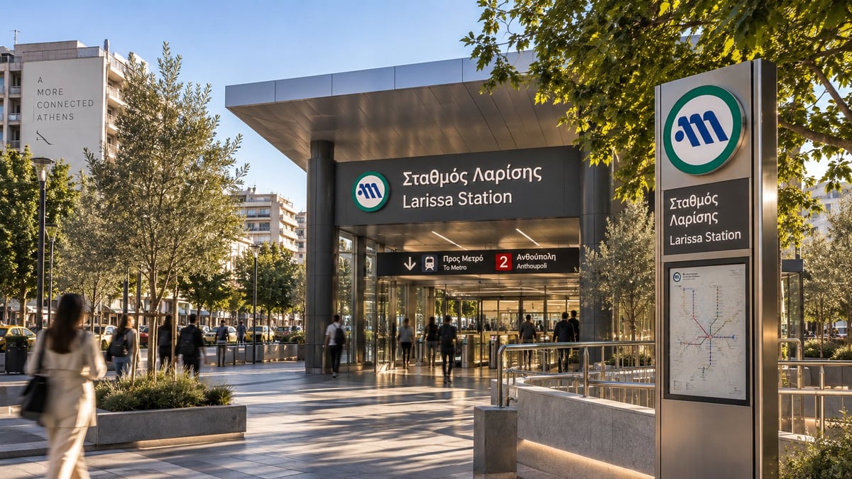 Larissa Station metro entrance with distinctive canopy, signage and pedestrians in an urban plaza with trees