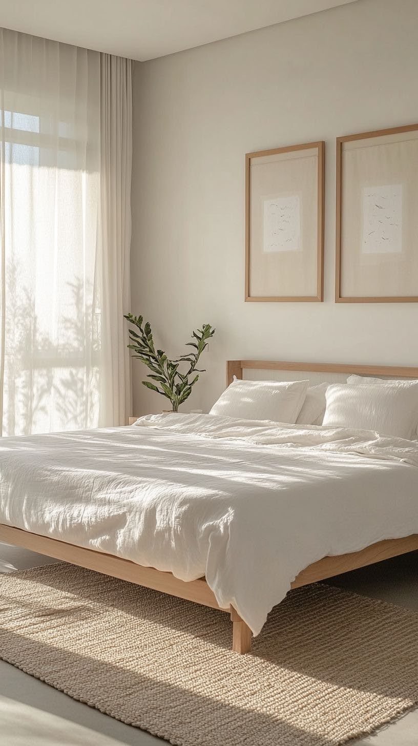 Urban Grove bedroom with natural wood bed frame, white linens and sheer curtains