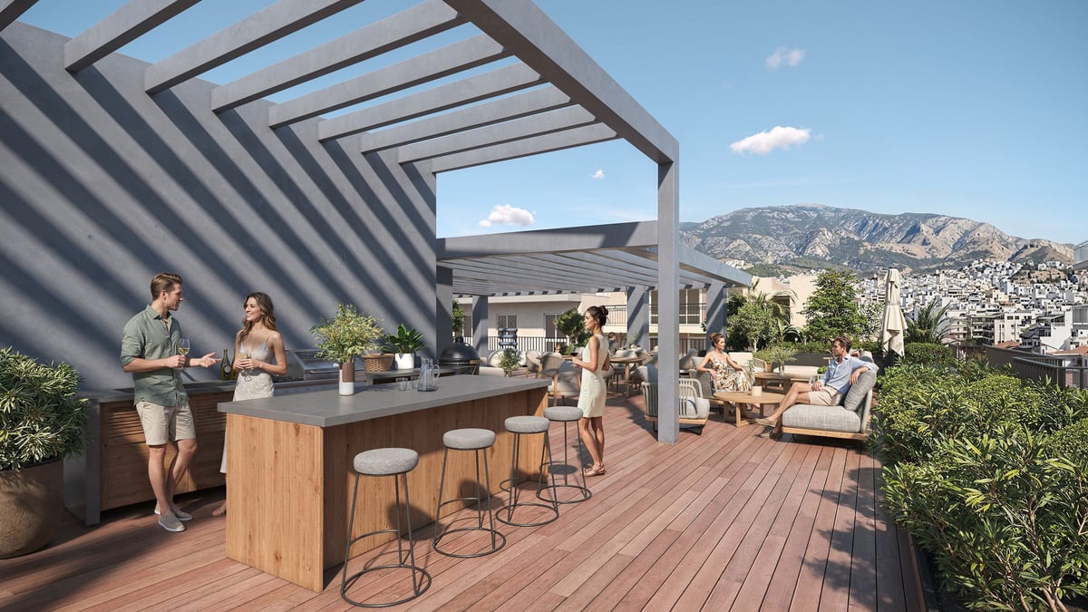 Urban Grove rooftop pergola with wooden bar, lounge seating, plants and mountain city views