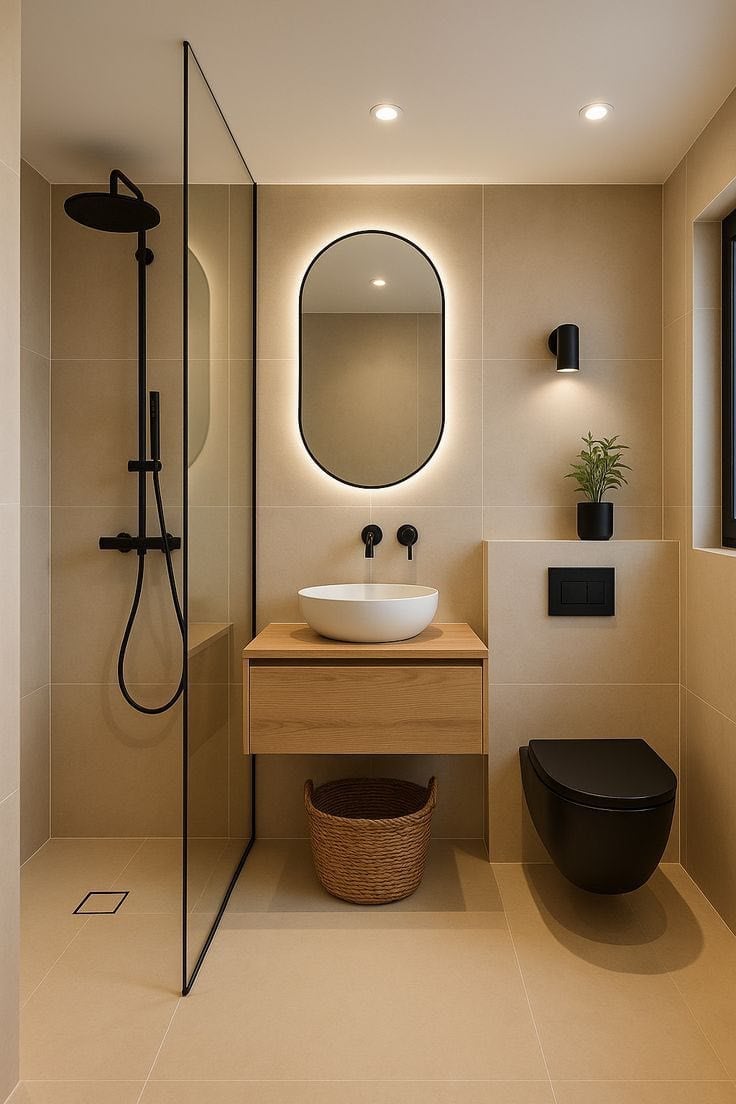Urban Grove bathroom with beige tiles, black rainfall shower, oval mirror and wooden vanity