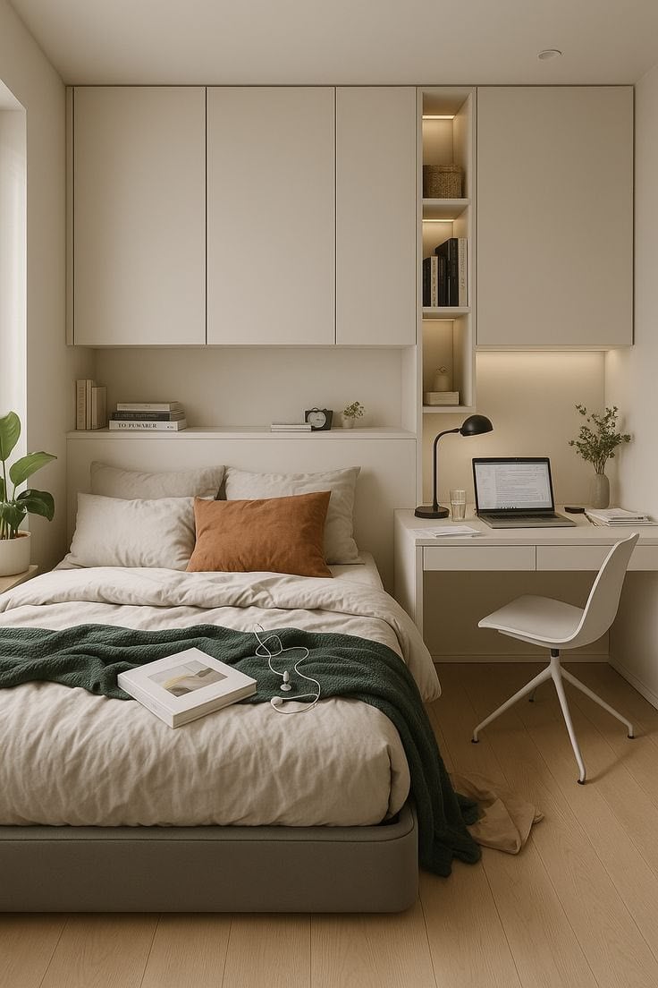Urban Grove bedroom with built-in cabinetry, desk workspace and neutral beige palette
