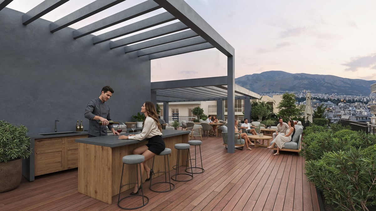 Urban Grove rooftop terrace with architectural pergola, wooden bar and lounge, overlooking the city and mountains